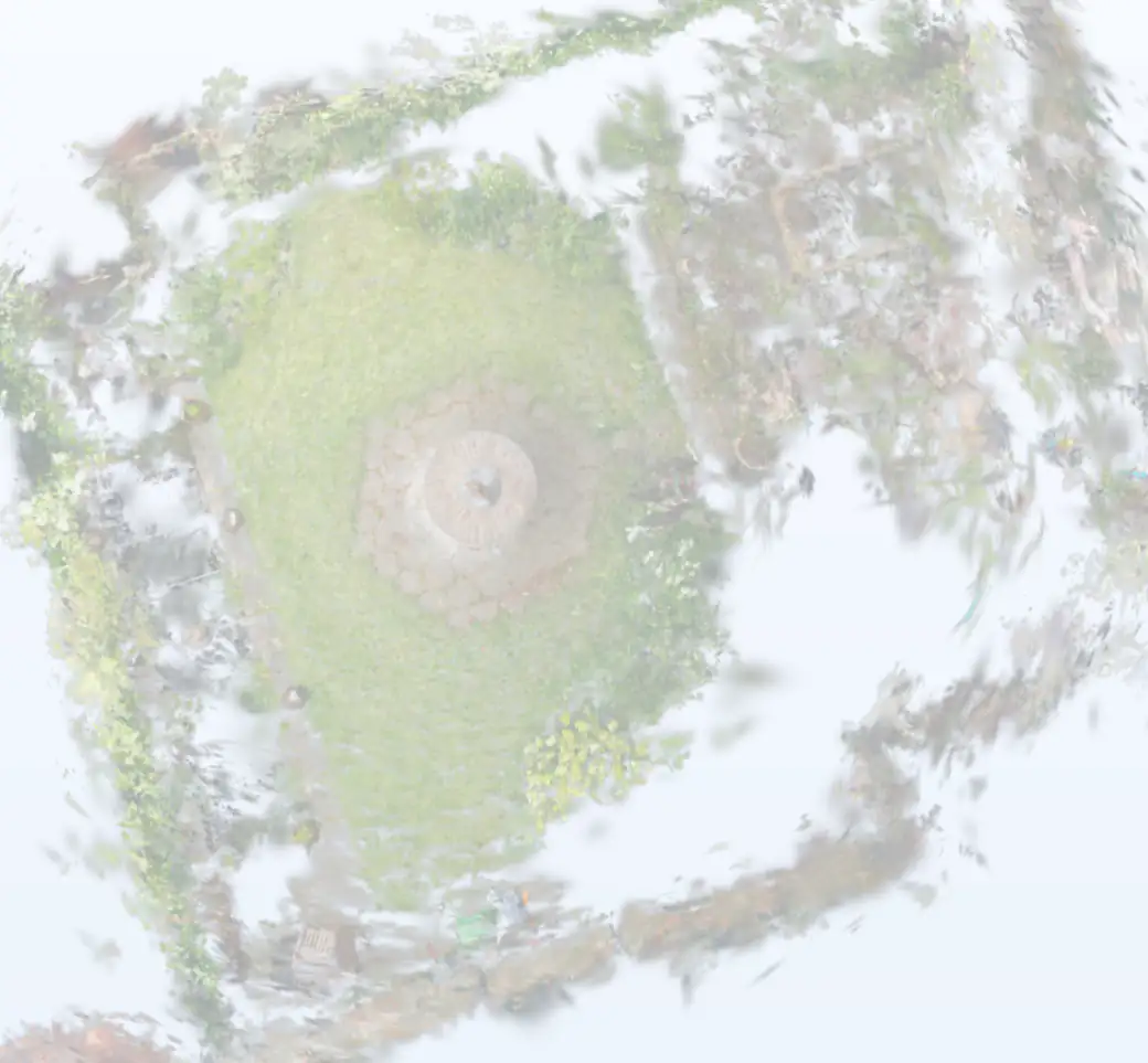 A walled garden captured as millions of points of light, lawn and beds seen from above